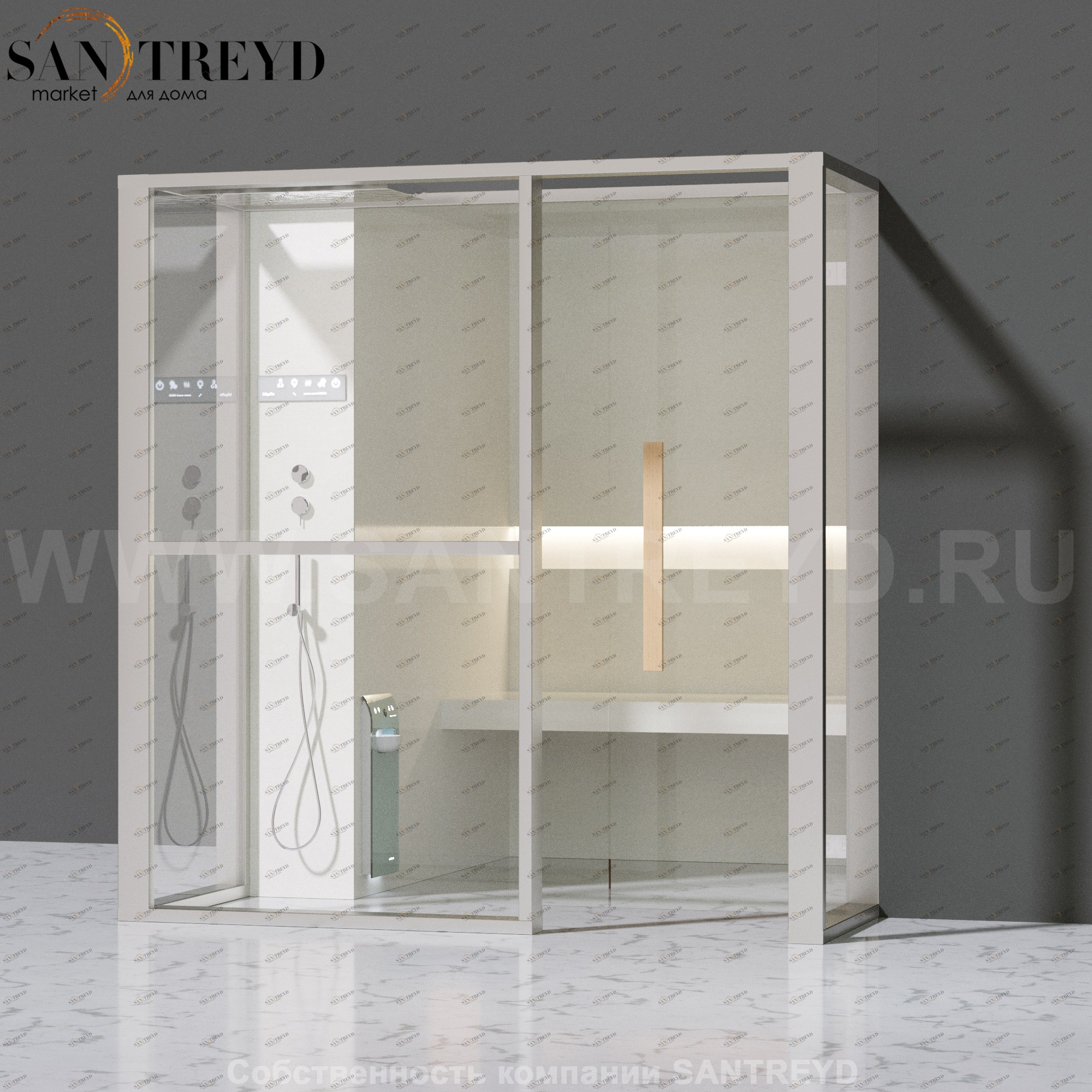 Effegibi LOGICAFILO H LO31020016 Хаммам. Установка: в правый  полуугол. Левая дверь. Мощность: 4,5 кВт макс. Размеры: длина 214 см, ширина 250 см. Отделка: матовый лакированный белый аллюминий и серый ламинат из керамогранита.