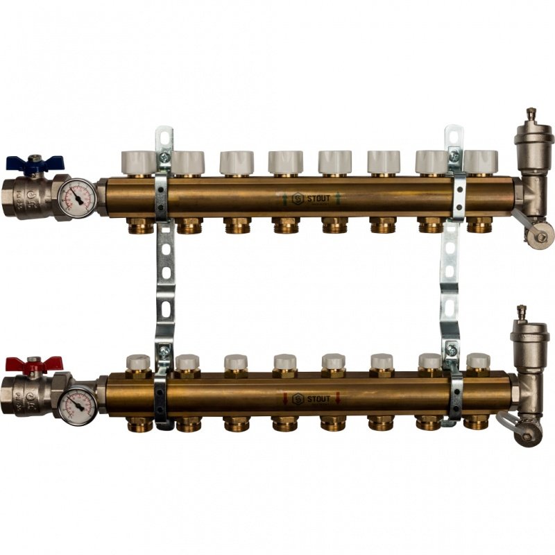 Распределительный коллектор из латуни STOUT 1" х 3/4" х 8 выходов без расходомеров SMB0468000008 - Вид №2
