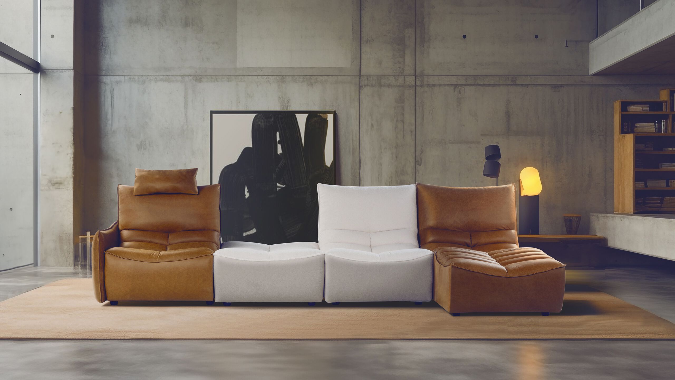 Модульный кожаный и тканевый диван с полуостровом Calia Italia Modular ARCH-00086059 - Вид №1