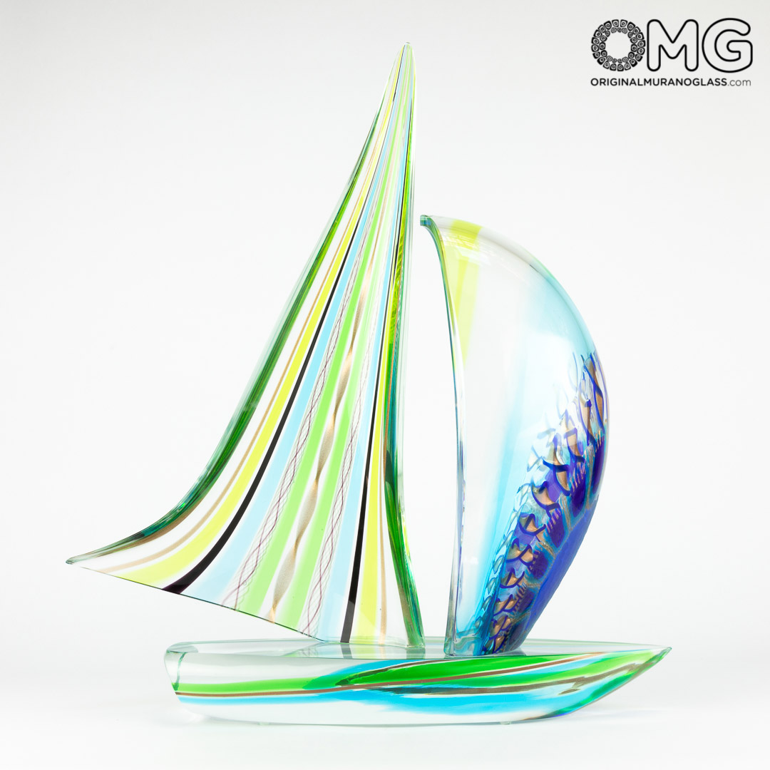 3398 ORIGINALMURANOGLASS Скульптура Полосатый Парусник с филигранью - муранское стекло OMG 42 см  - Вид №1