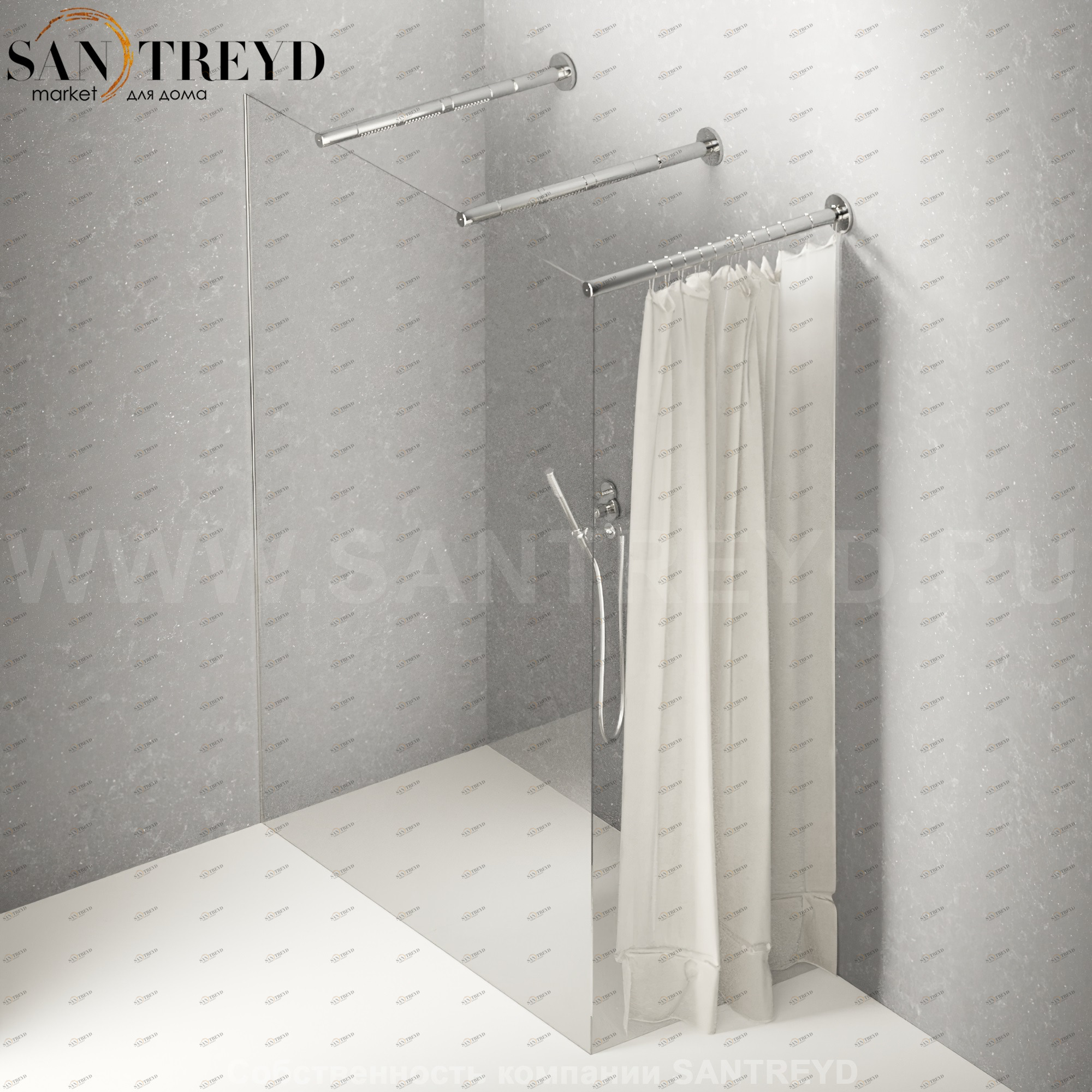 Душевое ограждение FLAT DX подрезаемое, стеклянная со шторкой экстрапрозрачная перегородка с 2-мя держателями и встроенным душем. Размеры: глубина от 70 до 100 см, длина от 140 до 160 см Agape DXC570100140160LLE