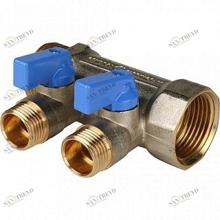 Коллектор с шаровыми кранами 1" STOUT 2 выхода 1/2", синие ручки SMB6201011202