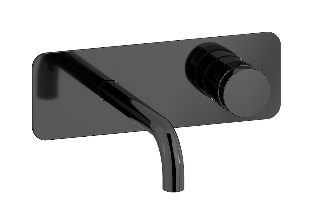 Настенный смеситель для раковины прогрессивный на 2 отверстия в комплекте с донным клапаном. WE ARE IB rx206cf Black Chrome Reflex