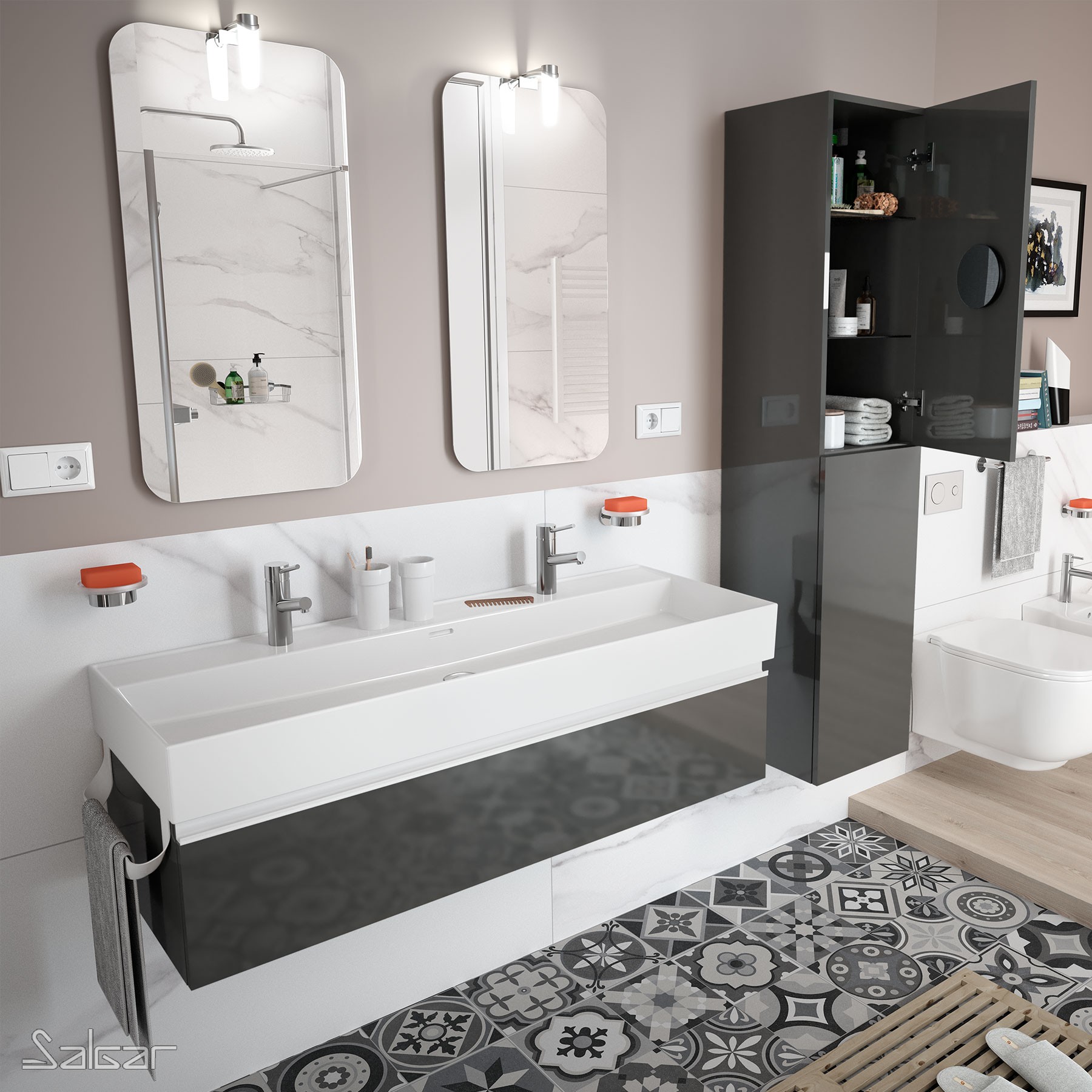 26611 SALGAR Мебель для умывальника SPIRIT 1200 1 металлический ящик GLOSS GREY 1194 x 270 x 450 мм Глянцевый серый