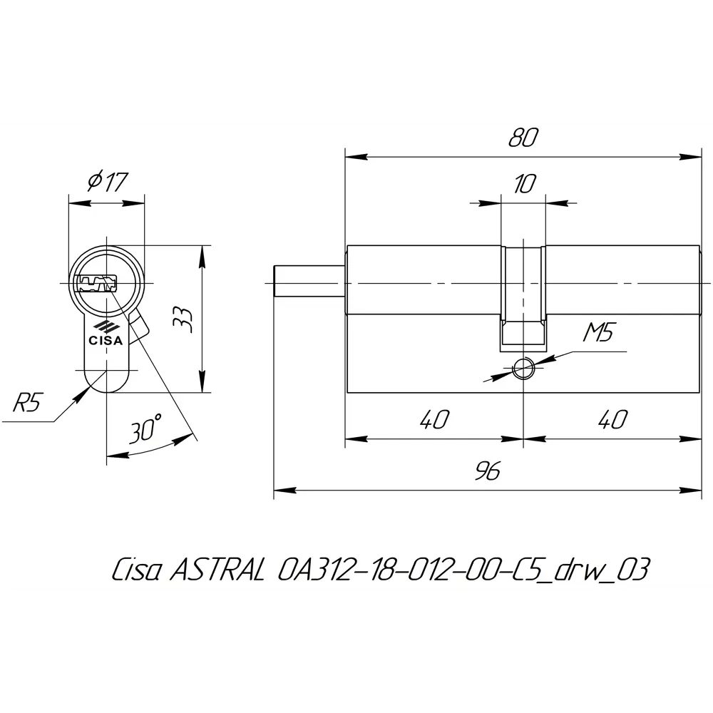Цилиндр Cisa Astral ОА312-18.12, 40x40 мм, ключ/шток, цвет никель, без вертушки STLM-2181429 - Вид №4