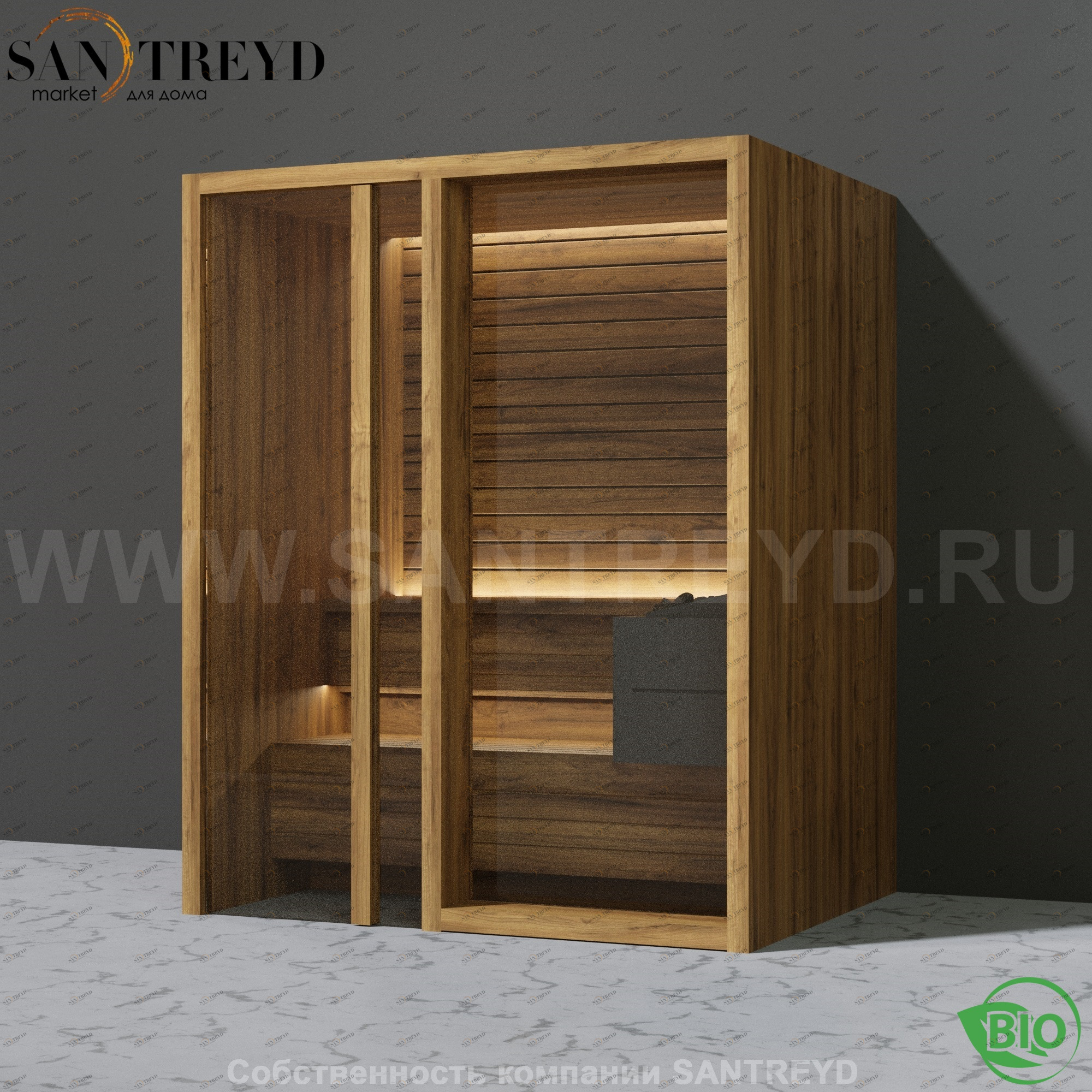 Effegibi YOKU.G45 BI.70300024 Био-сауна с левой дверью. Мощность: 4,5 кВт макс. Размеры: длина 174 см, ширина 132 см. Отделка: термообработанное дерево BI70300024