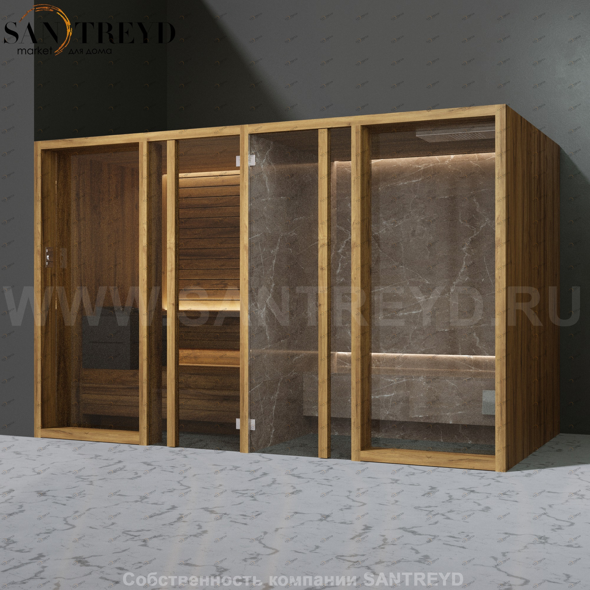 Effegibi YOKU.G SH YO.30220003 Комбинированная баня: хаммам и сауна. Установка: в левый угол. Мощность: 10,5 кВт макс. Размеры: длина 342 см, ширина 170 см. Отделка: термообработанное дерево и темный керамогранит YO30220003