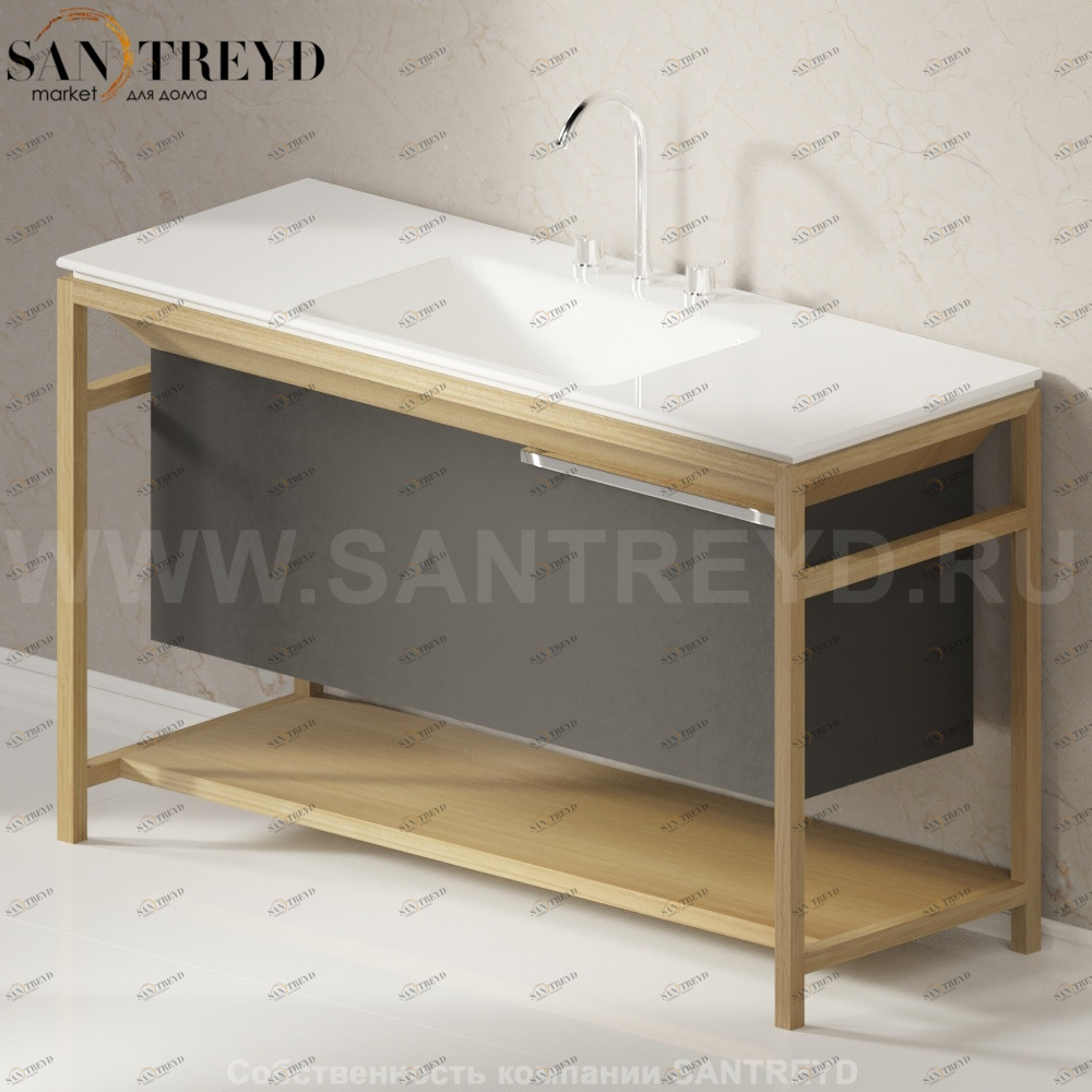 Раковина столешница с деревянной консолью натуральный дуб OTTOCENTO XL с 3 отверстиями центр белая Agape AMXL141C3RT