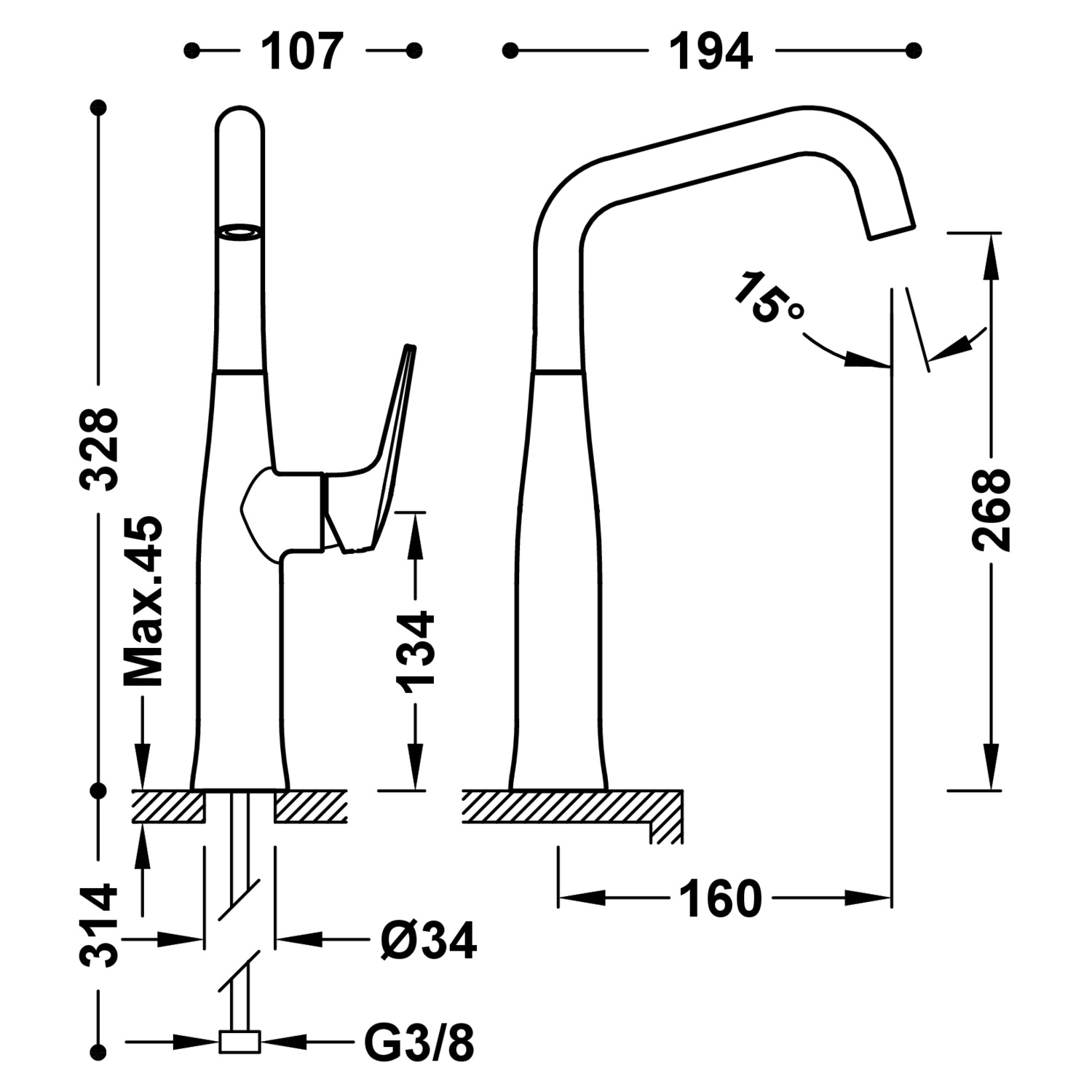 Смеситель для умывальника FUJI High с одной ручкой и боковым рычагом-28164701AC TRES - Вид №1