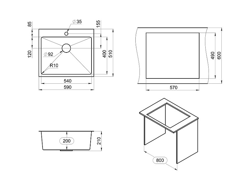 5951, ГРАФИТ МАТОВЫЙ, стальная кухонная мойка GRANULA 5951-ST353 - Вид №2