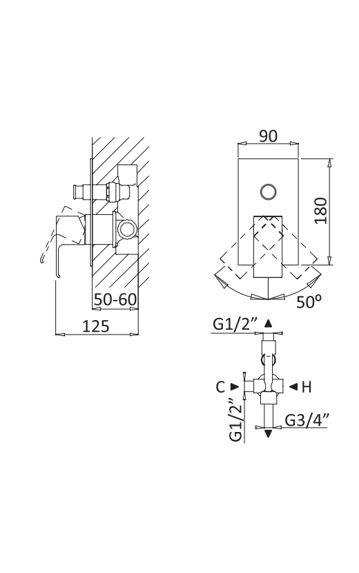 Встраиваемый однорычажный смеситель для душа с переключателем CEZARES PORTA-VDIM-NOP - Вид №1