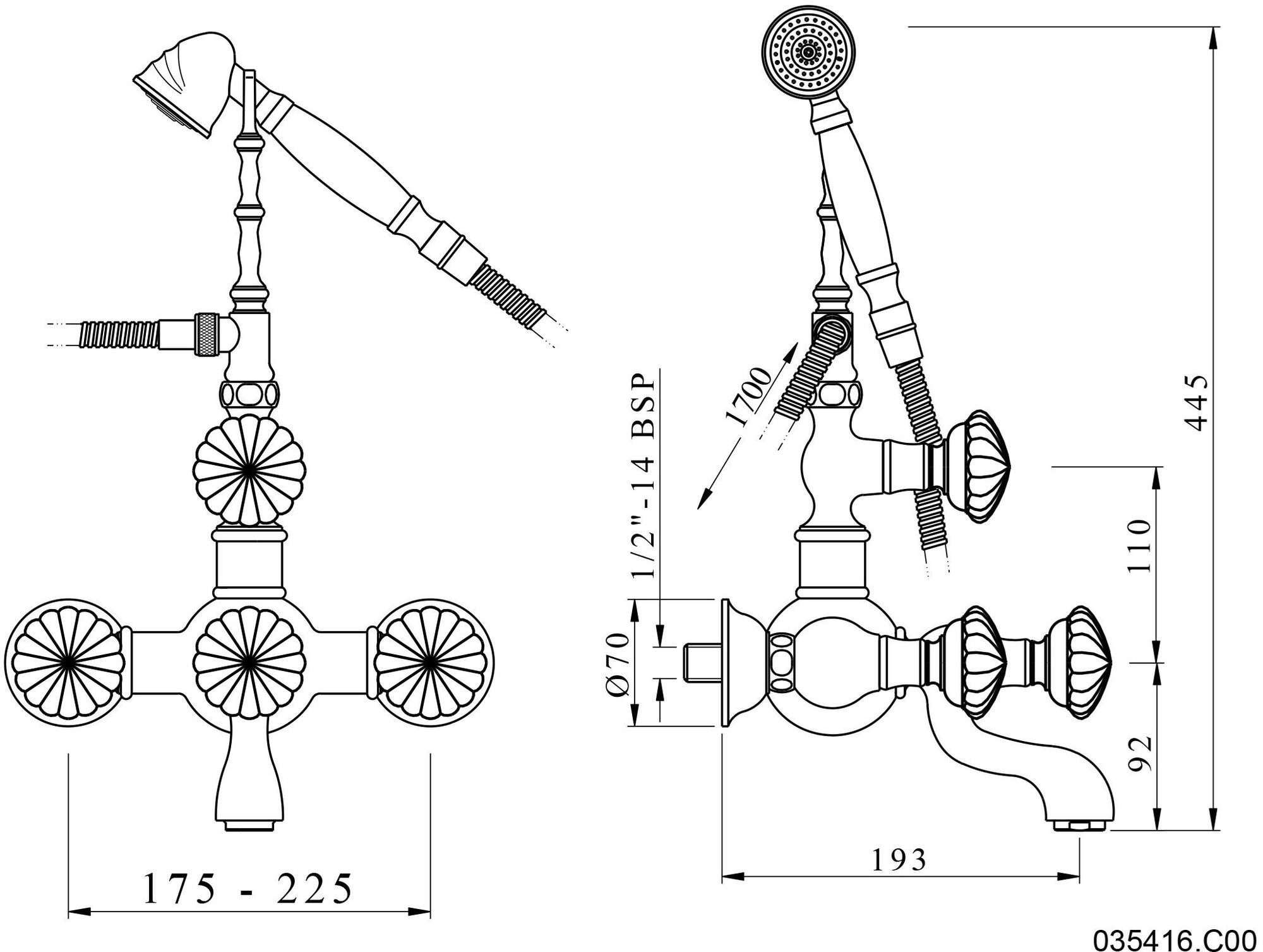 Bronces Mestre Настенный смеситель для ванны на 2 отверстия с ручным душем Retro 035416.c00.50 - Вид №1