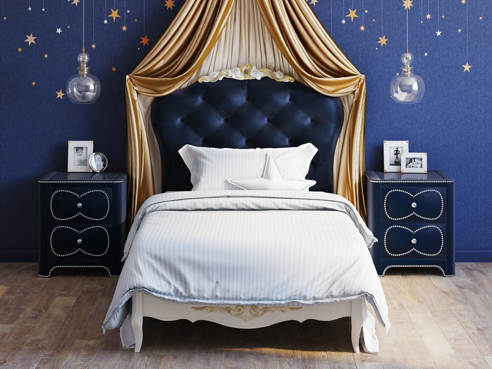 Прикроватная тумбочка с 2 ящиками и гвоздиками "Бант" мягкая синяя Vary Bed KREIND  00-3879904 Синий Santreyd  - Вид №3