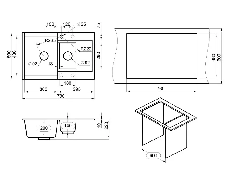 ES-7808, БАЗАЛЬТ, кухонная мойка, кварц, ESTETICA GRANULA 7808-ST280 - Вид №4