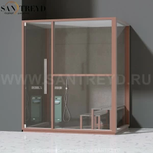 Effegibi H LARGE LO80030003 Комбинированная баня: хаммам и душ. Установка: в левый угол. Правая дверь. Мощность: 4,5 кВт макс. Размеры: длина 173 см, ширина 102 см. Отделка: матовый лакированный коричневый аллюминий и темный ламинат из керамогранита.