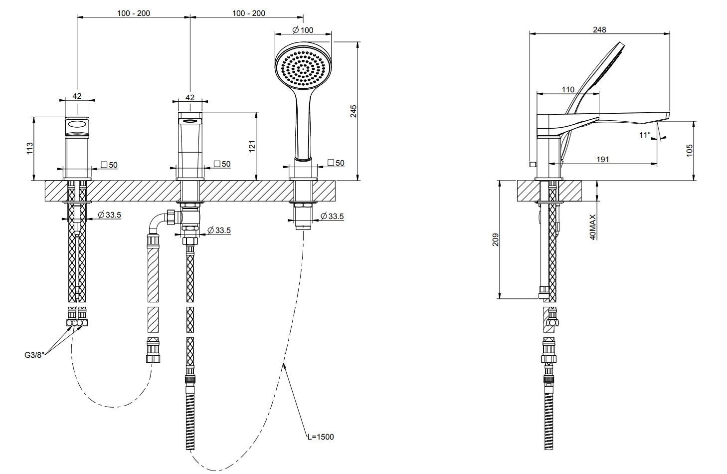 Смеситель для ванны с 3 отверстиями из латуни с ручным душем Gessi рельеф ARCH-00077595 - Вид №1