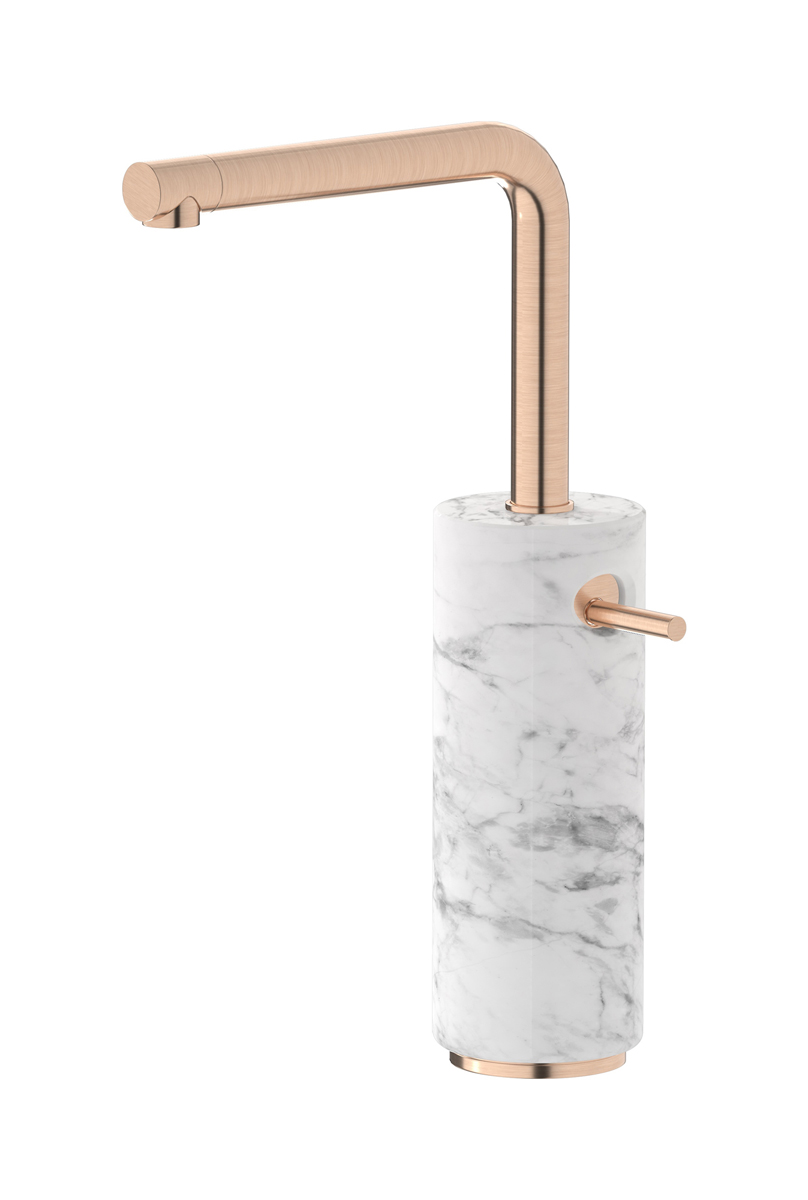 Высокий смеситель для раковины на 1 отверстие в комплекте с донным клапаном WE ARE IB mm202sr_1 Brushed Rose Gold Marmo