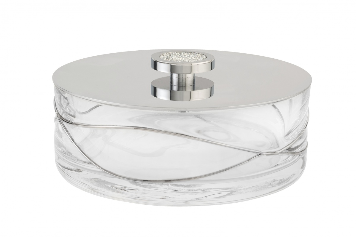 6622/CH Surya Crystal Stream, круглая емкость с крышкой 16х6 см для гигиенич. принадлежностей, цвет хром 