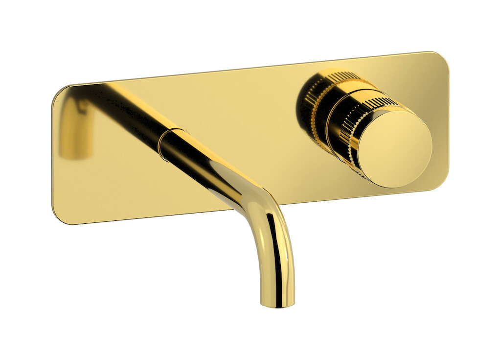 Настенный смеситель для раковины прогрессивный на 2 отверстия в комплекте с донным клапаном. WE ARE IB rx206oo Gold Reflex