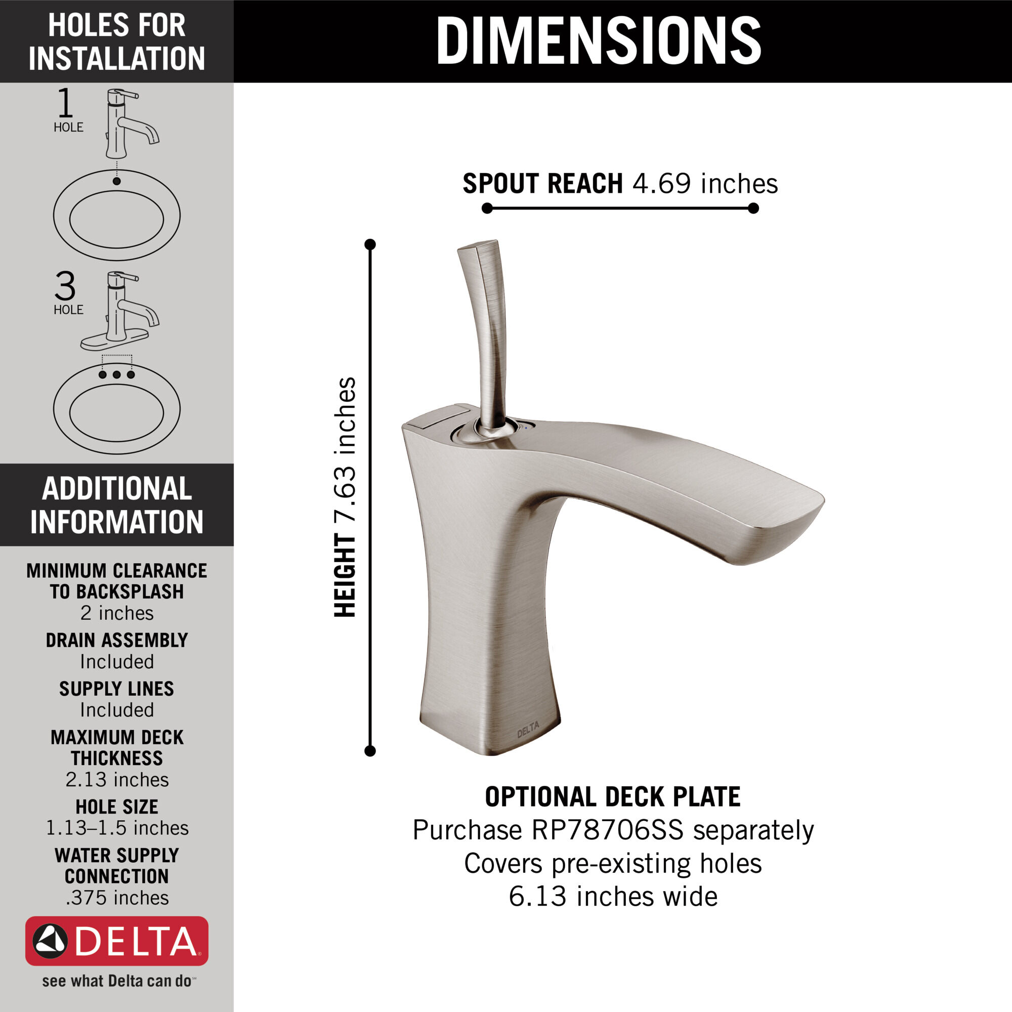 Смеситель для ванной комнаты с одной ручкой - металлический всплывающий Delta Faucet Tesla 552LF-SSMPU - Вид №2