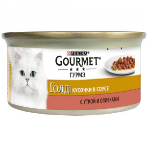 ПР0047571 Корм для кошек Голд Кусочки в соусе с уткой и оливками, банка 85 г Gourmet