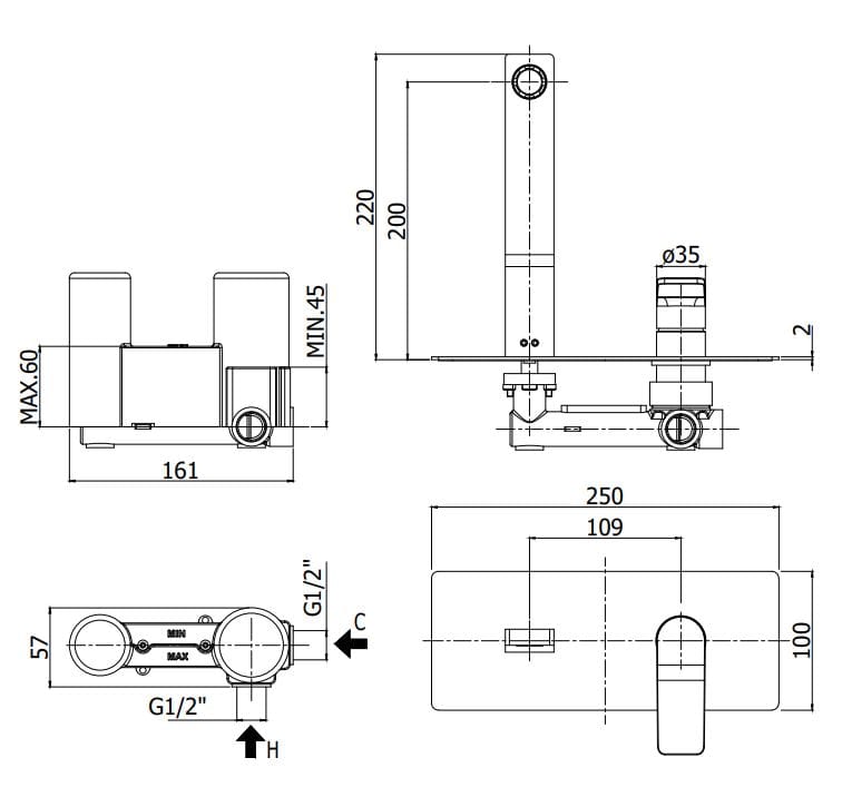 Настенный смеситель для раковины с 2 отверстиями RUBINETTERIA PAFFONI Tilt ARCH-00038633 - Вид №2