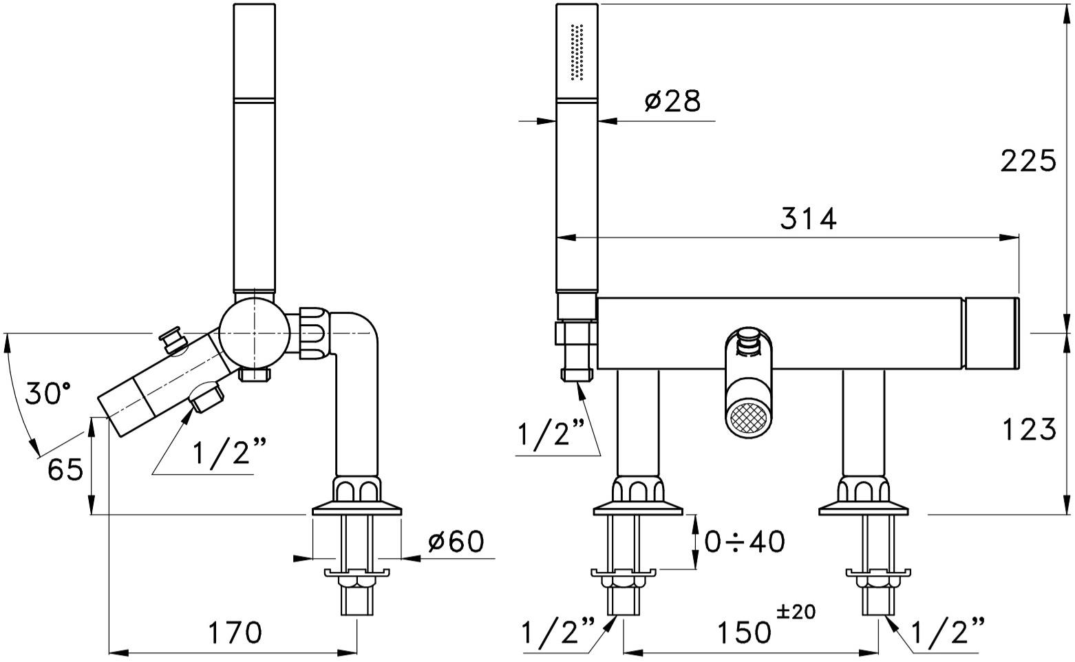 RUBINETTERIE STELLA Смеситель для ванны с ручным душем на 2 отверстия Bamboo sun-id-1463929 - Вид №1