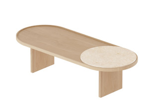 Овальный журнальный столик из дерева и травертина