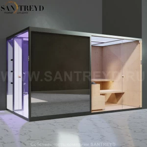 Effegibi BODYLOVE SH BL45130003 Боковая комбинированная баня: хаммам и сауна. Установка: в правый угол. Мощность: 15 кВт макс. Размеры: длина 393 см, ширина 176 см. Отделка: канадский хемлок, гладкое стекло и зеркало.