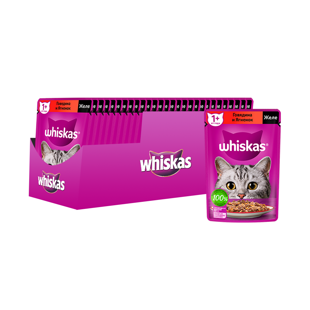 ПР0059365*28 Корм для кошек говядина, ягненок в желе пауч 75г (упаковка - 28 шт) WHISKAS 