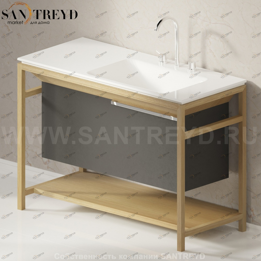 Раковина столешница с деревянной консолью натуральный дуб OTTOCENTO XL с 3 отверстиями правая белая Agape AMXL121D3RT