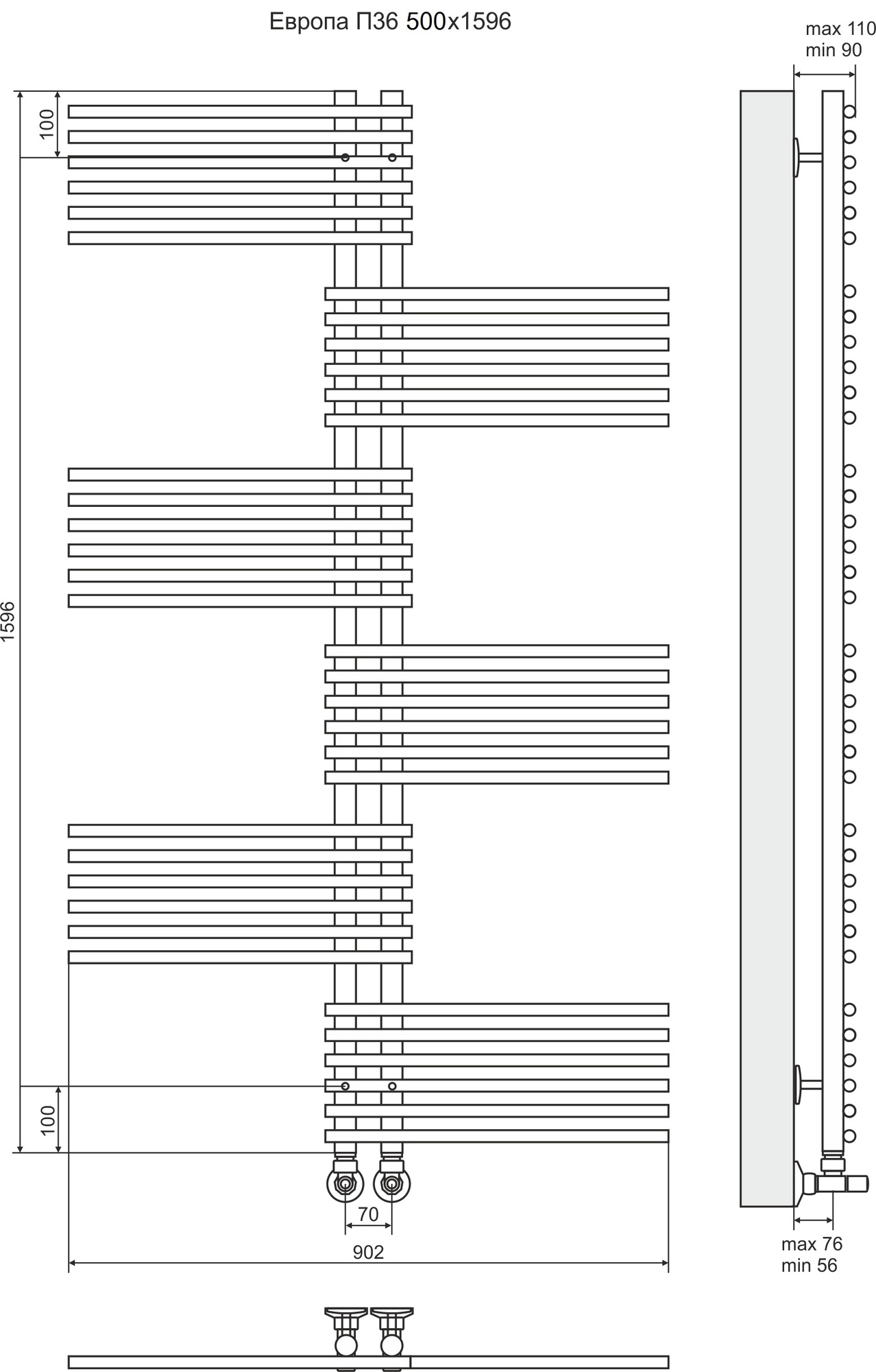 4620768886683 ЛЮКС Европа П36 500х1596 (6+6+6+6+6+6) Полотенцесушитель TERMINUS Нержавеющая сталь - Вид №2