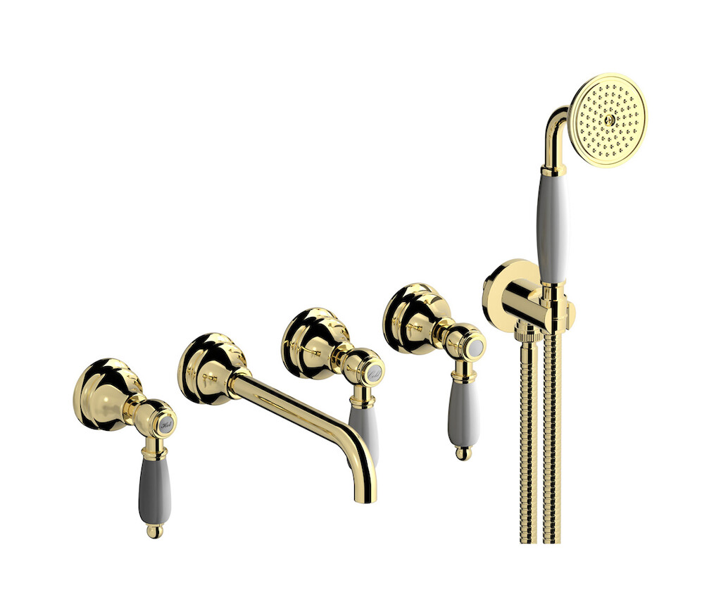 Настенный смеситель для ванной на 5 отверстий с дивертером и душевым гарнитуром. WE ARE IB hl398ii_2 Pale Gold Hermes