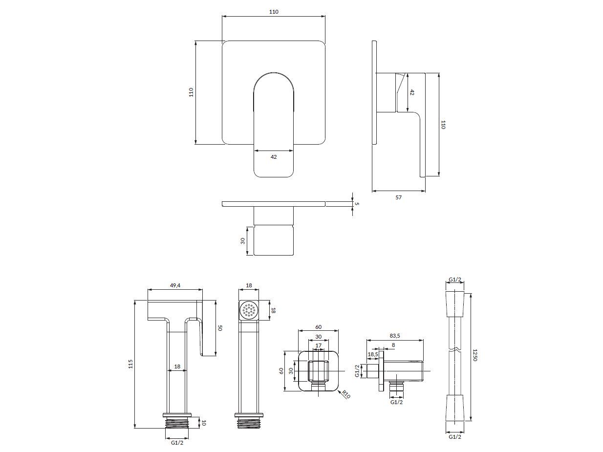 Настенный смеситель для биде с ручным душем OMNIRES Baretti ARCH-00138299 - Вид №2