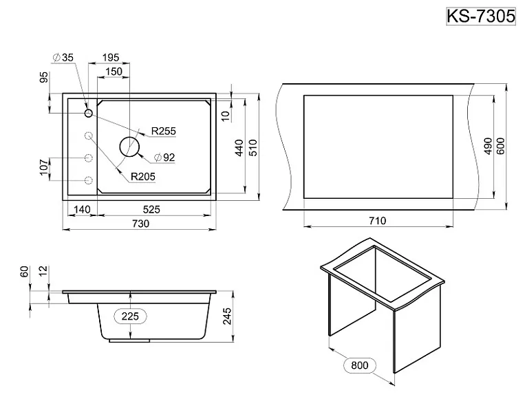 KS-7305, АЛЮМИНИУМ, кухонная мойка, кварц GRANULA Kitchen Space 7305-ST319 - Вид №3
