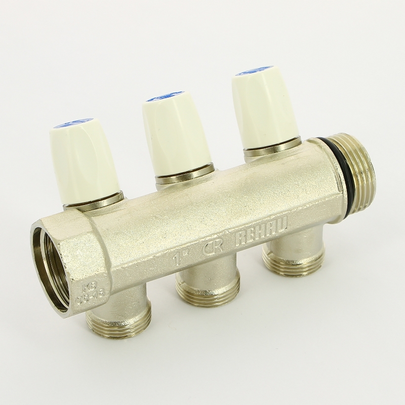 Коллектор НВ с вентилями никелированный Rautitan MX Rehau 1" x 3 вых 3/4"EK межосевое 40 мм 131645 - Вид №2