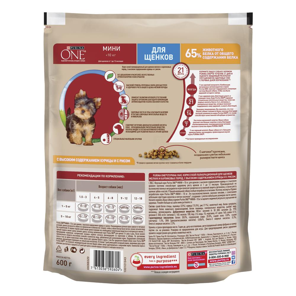 ПР0059700 Корм для щенков для мелких пород, курица, рис сух. 600г ONE  - Вид №2