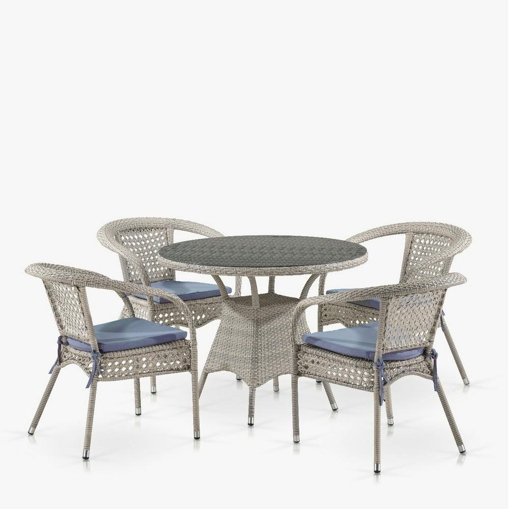 Мебель из ротанга, круглый стол и стулья белые на 4 персоны AFINA  00-3860461 Серая;синий  - Вид №1