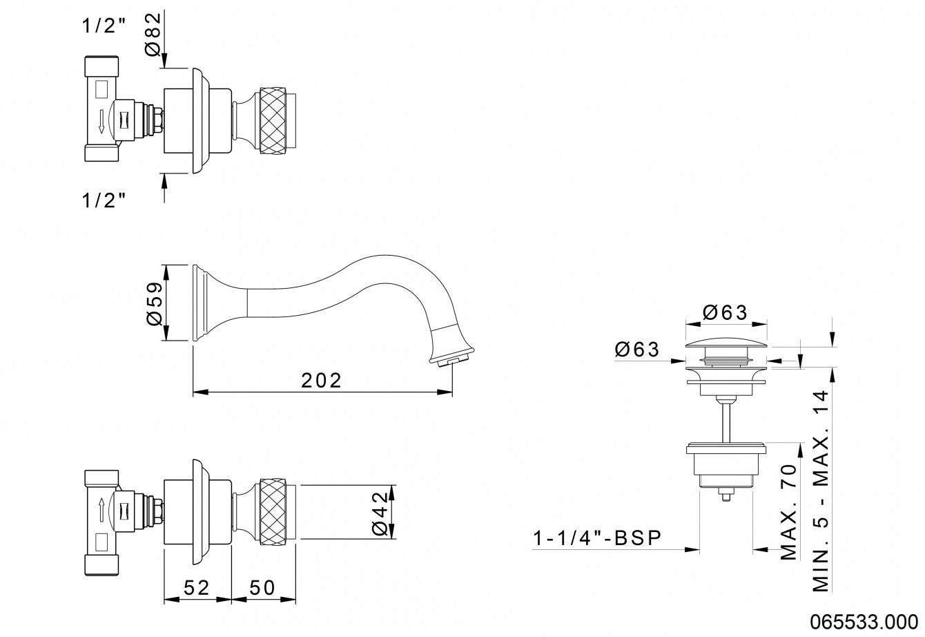 Bronces Mestre Смеситель для умывальника настенный на 3 отверстия Coquette 065533.000.50 - Вид №1
