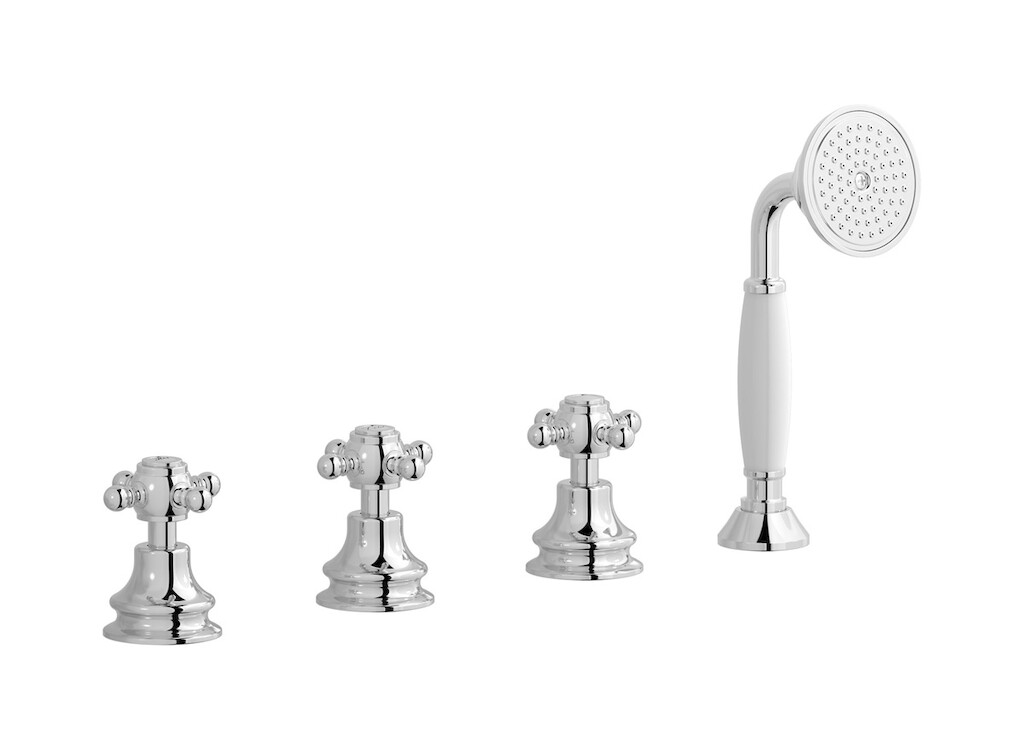 Смеситель на бортик ванной на 4 отверстия с изливом, дивертером и душевым гарнитуром. WE ARE IB hr397cc Chrome Hermes