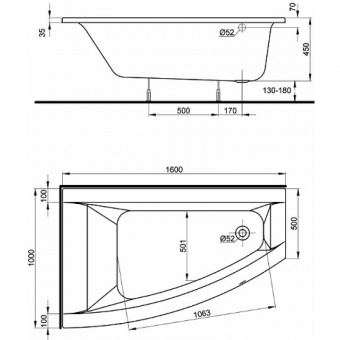 Асимметричная ванна 160х100 KOLO Clarissa XWA0861000 левая  - Вид №4