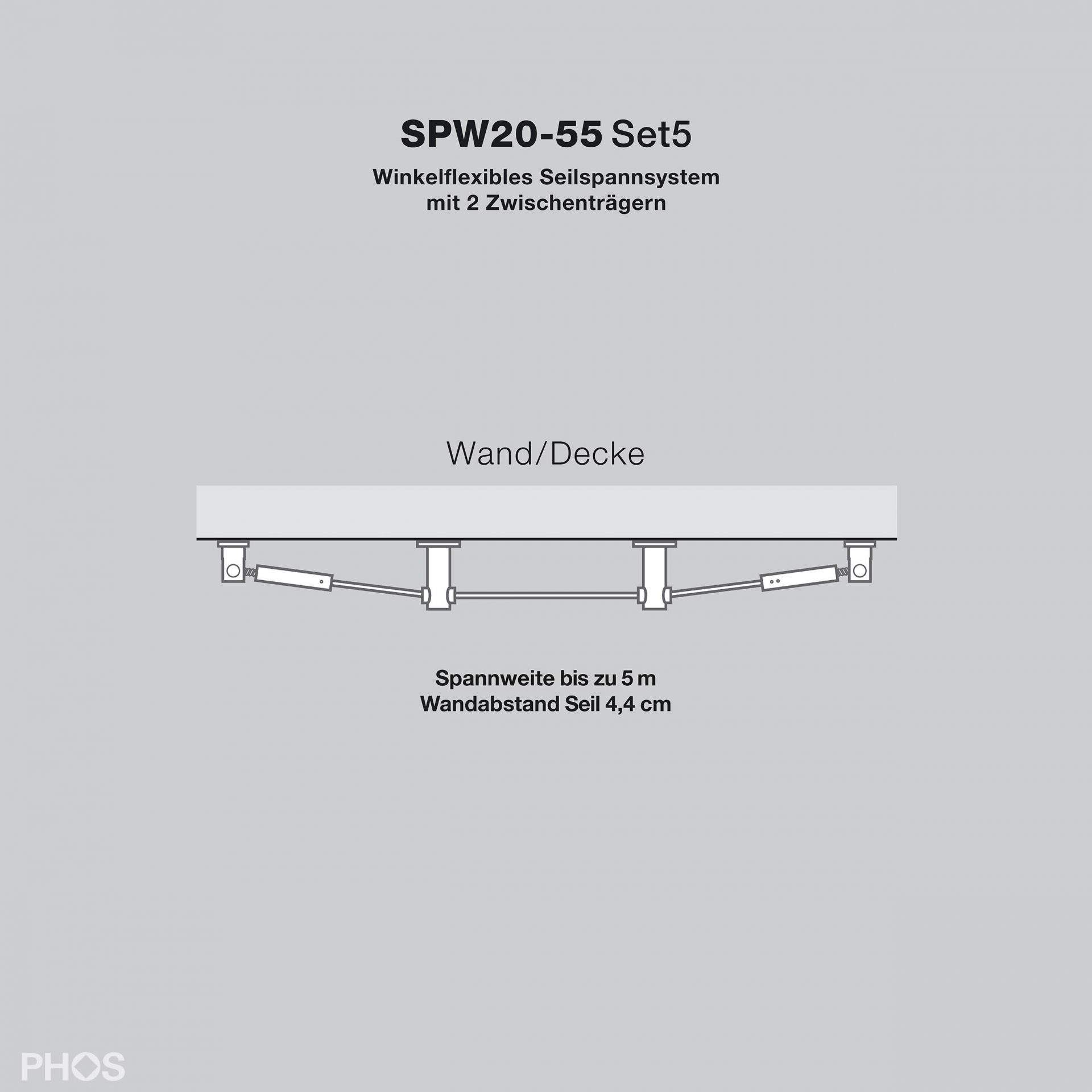 SPW20-55Set5 Гибкая система натяжения кабеля до 5 метров, расстояние до стены 4,4 см PHOS 