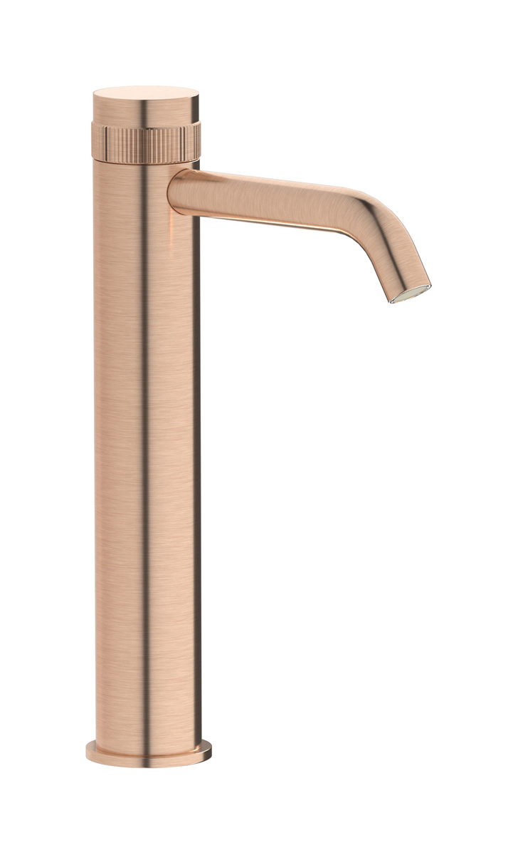 Высокий монорычажный прогрессивный смеситель на раковину в комплекте с донным клапаном. WE ARE IB rx202sr Brushed Rose Gold Reflex