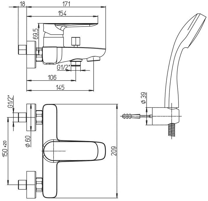 Paini Nove 09CR100 смеситель для ванны с аксессуаром  - Вид №1