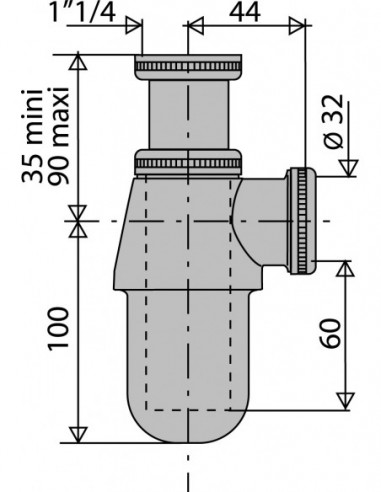 130300 000 00  Сифон для регулируемой раковины 35/90 мм, выход Д. 32 мм, хромированная латунь Valentin Хром  - Вид №2