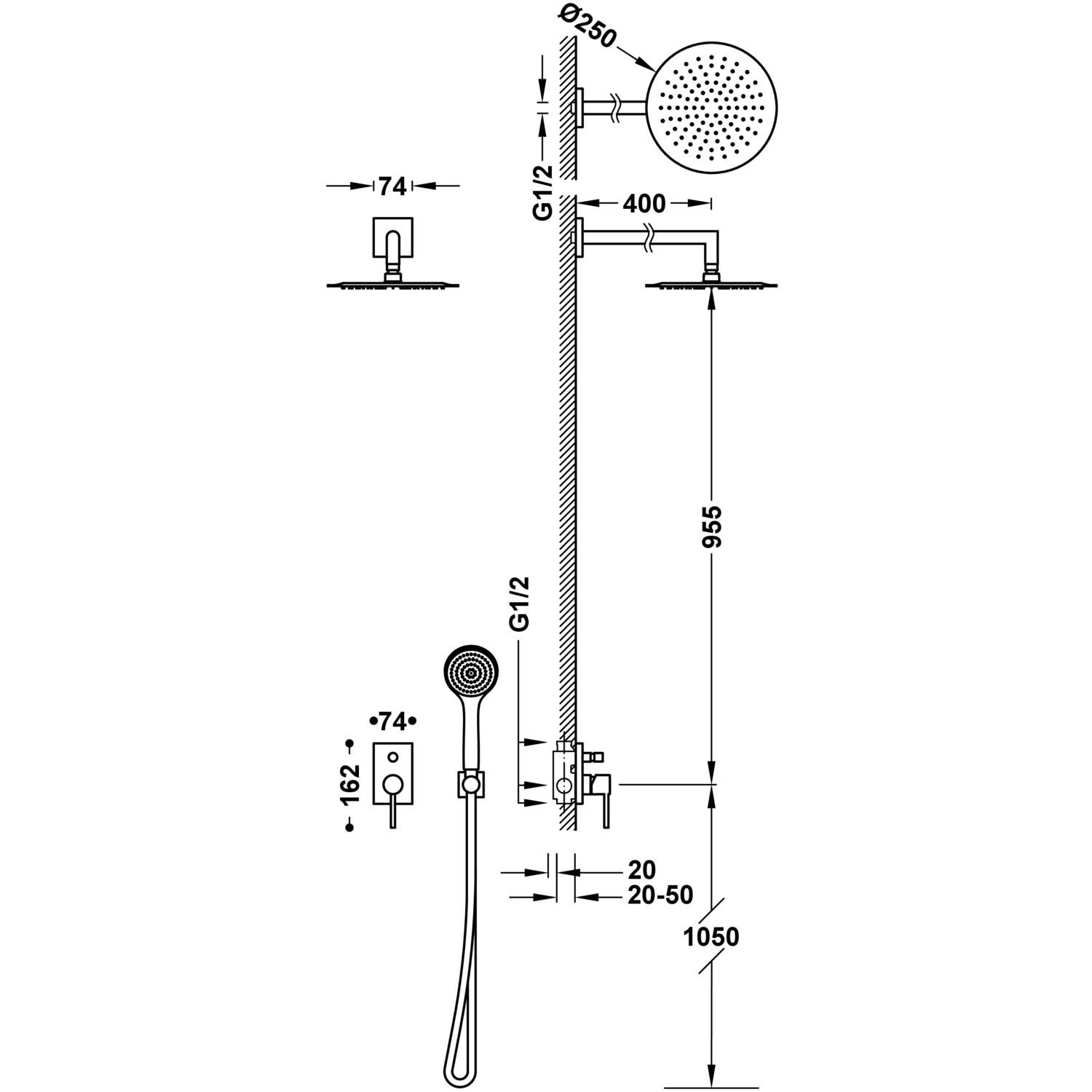 МАКСИМАЛЬНЫЙ комплект 2-ходового скрытого смесителя для душа с одной ручкой-06298004 TRES  - Вид №1