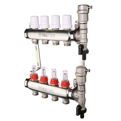 VTc.589.EMNX.0603 Коллекторный блок из нержавеющей стали с регулировочными клапанами и расходомерами Valtec 1", 3 x 3/4", «евроконус» 