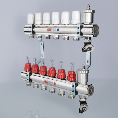 VTc.596.EMNX.0603 Коллекторный блок латунный с термостатическими клапанами и расходомерами Valtec 1", 3 x 3/4", "евроконус"  - Вид №1