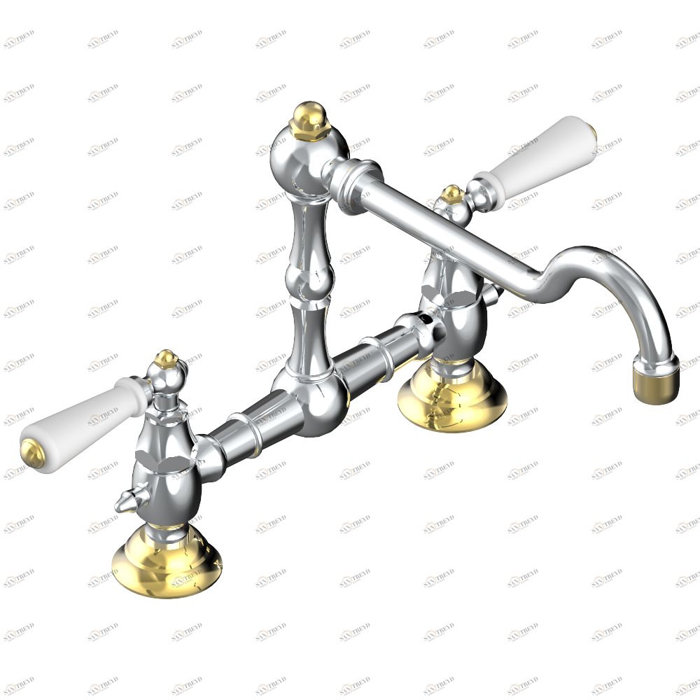 G28-159 Смеситель для кухонной мойки на два отверстия - 200 мм между центрами Thg-paris 1900 с рукоятками Хром/золото G28 159 CAT.A