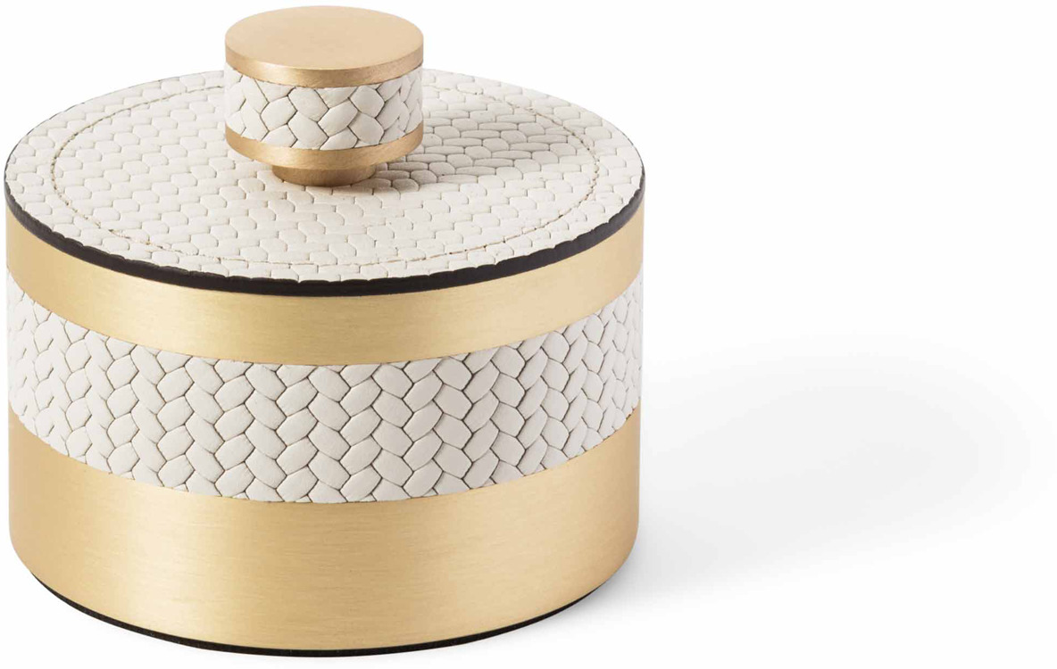 Коробка Saturno - Ø 9XH5,5 см / металл-отделка_сатин-латунь / плетеная кожа_верблюжья